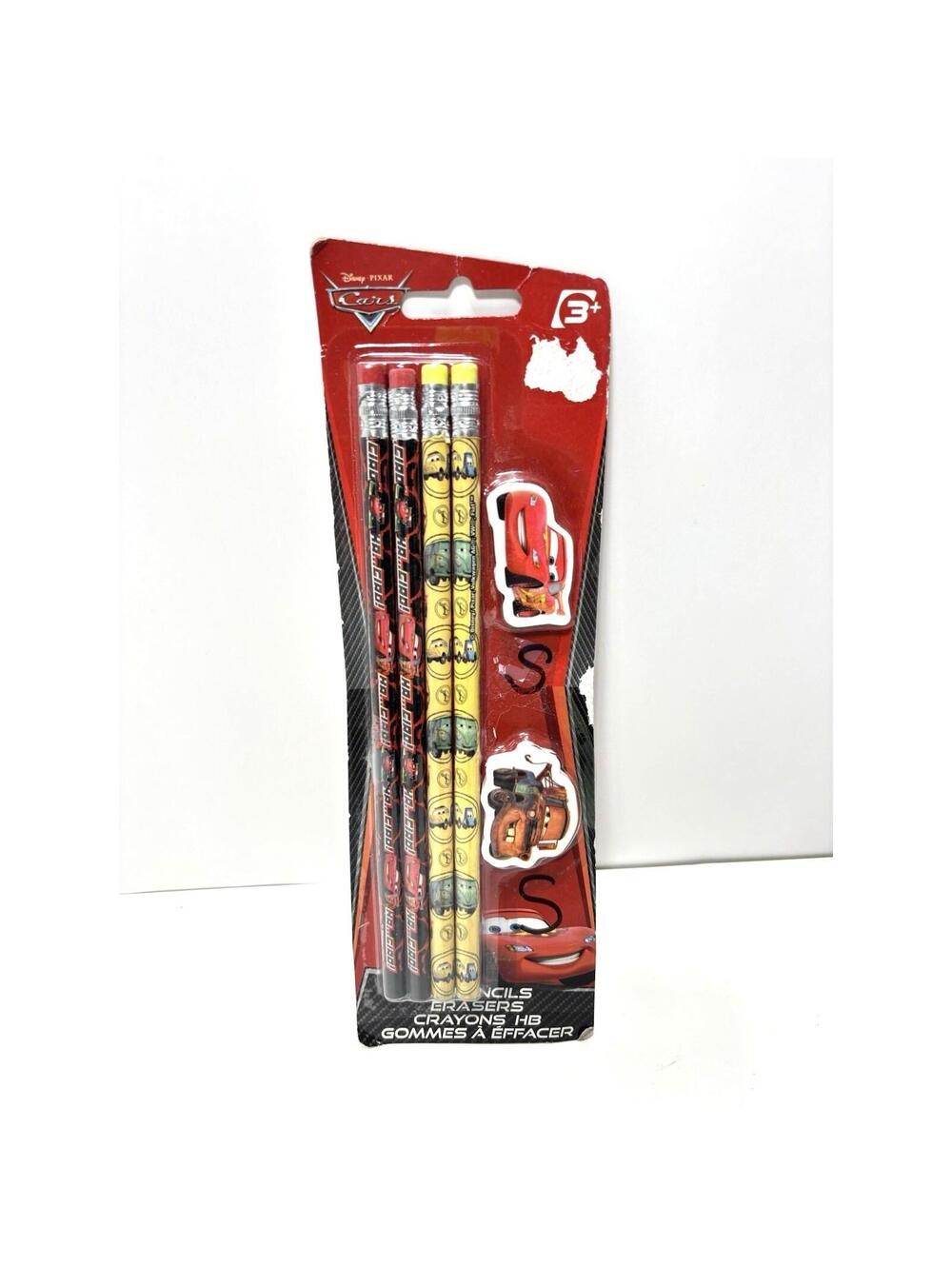 Disney Pixar Cars VTG Pencil Set 4 Pencils 2 Erasers McQueen Mater *As is *
